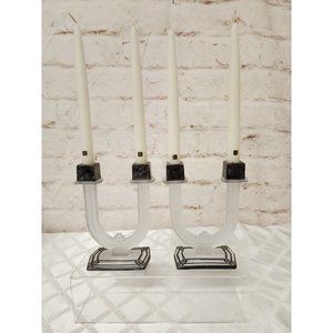 Pair of Antique Heisey Art Deco Taper Candle Holders Glass Silver Paint Accent